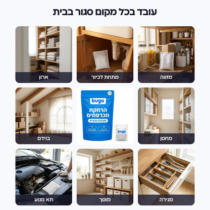 מיקומים לשקיקי Bugo Pouches: מזווה, מתחת לכיור, ארון, מחסן, בוידם, מגירה, מוסך ותא מנוע