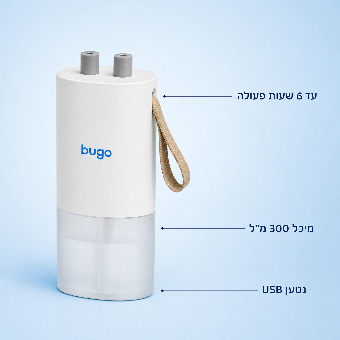 Bugo Zone מפרט: מיכל 300 מ״ל, עד 6 שעות פעולה, נטען USB