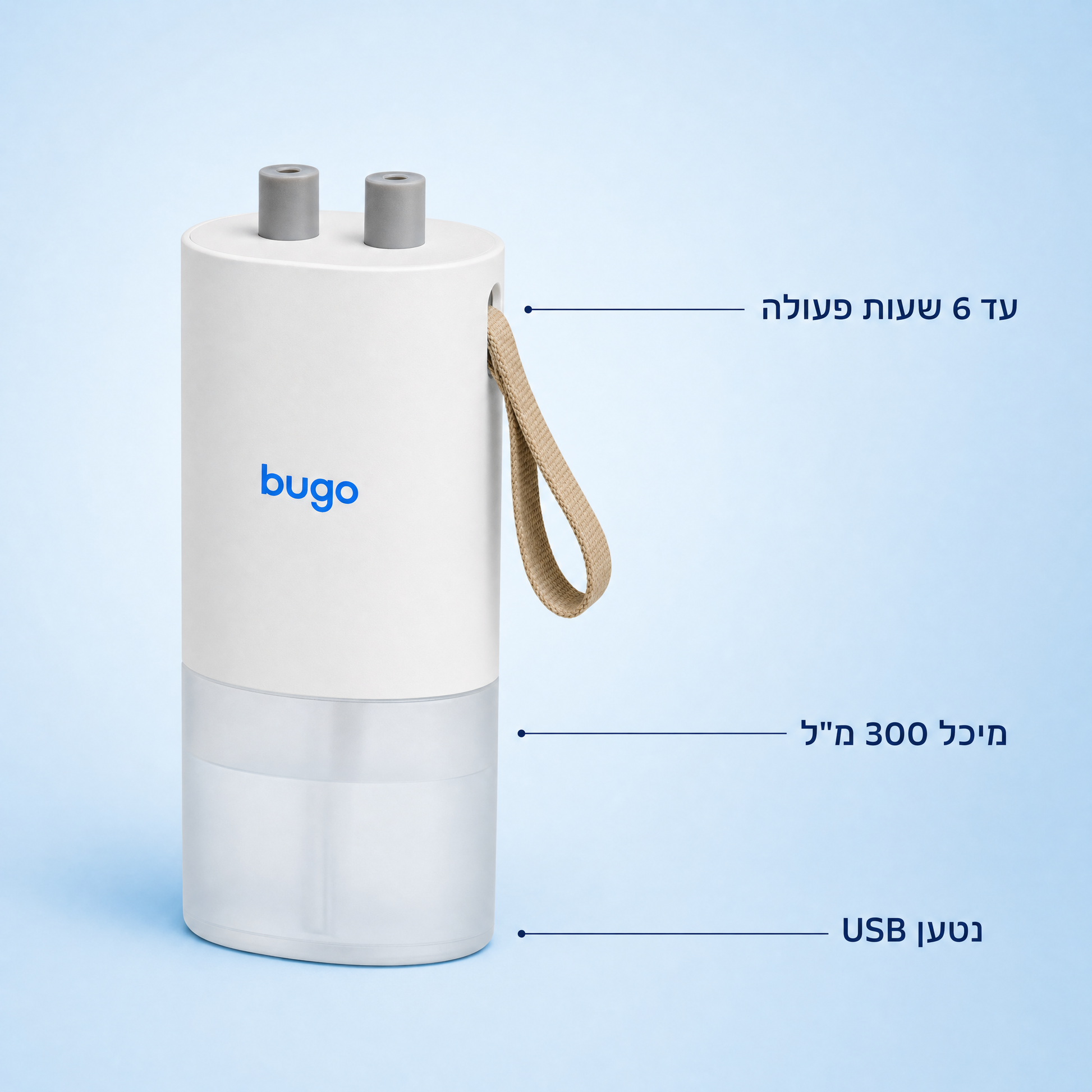 Bugo Zone מפרט: מיכל 300 מ״ל, עד 6 שעות פעולה, נטען USB